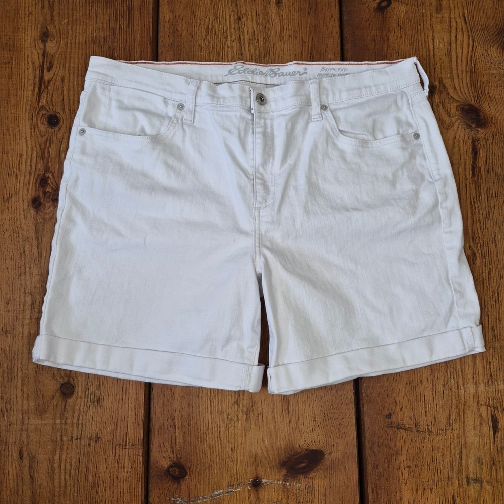 Eddie Bauer White Boyfriend Midrise Shorts Cuffed Denim Size 14
